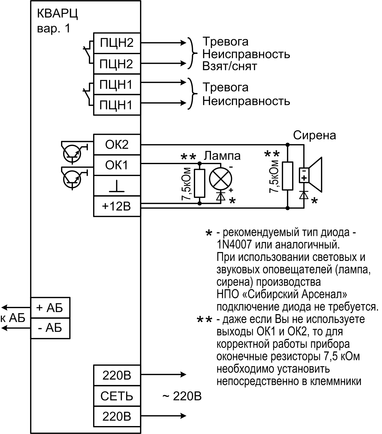 Схема внешних подключений ППКО Кварц вар.1 Прибор приемно-контрольный охранный Кварц 1. Изображение 1
